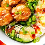 Crispy Shrimp Bowls Recipe with Avocado, Edamame and Rice Pinterest image.