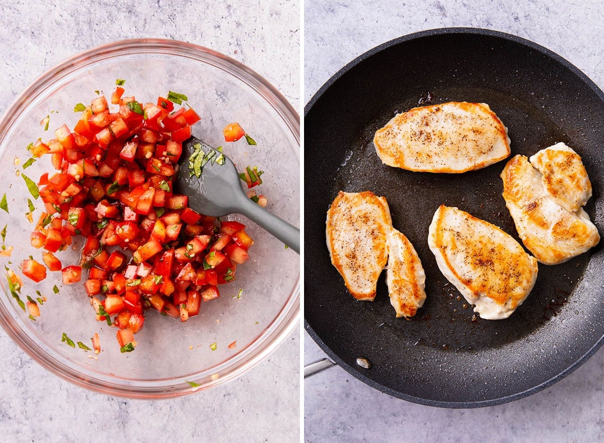 Two photos showing how to make bruschetta chicken - stirring together bruschetta topping and cooking chicken in a skillet.