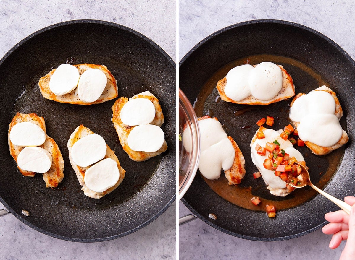 Two photos showing how to make easy bruschetta chicken - mozzarella slices atop chicken and spooning bruschetta on chicken once cheese melts.