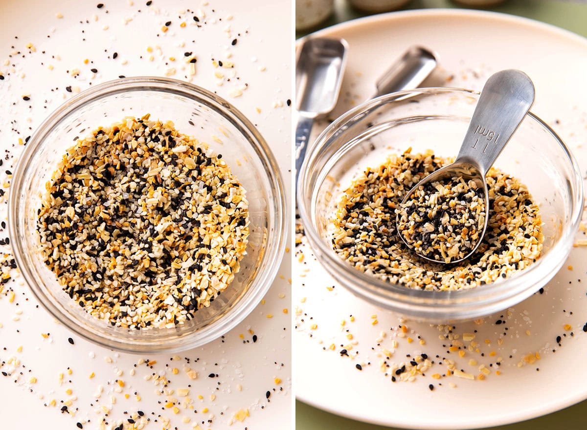 Two photos showing How to Make Your Own Everything Bagel Seasoning - adding ingredients to a small bowl and stirring together.
