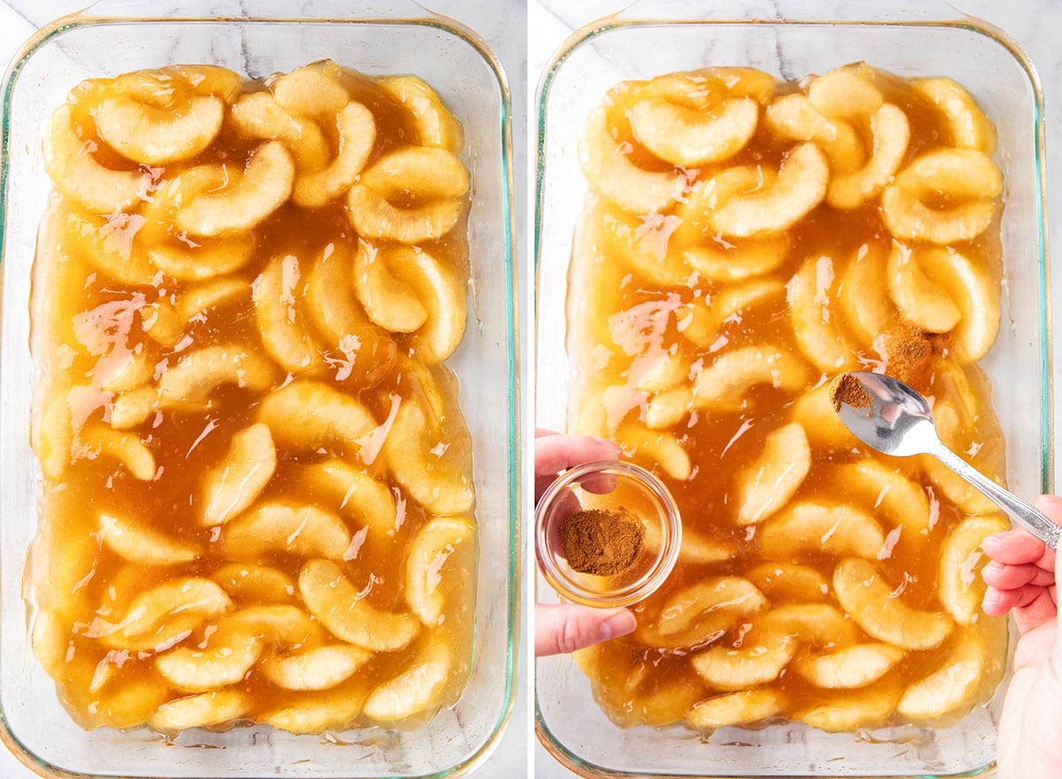 Two photos showing How to Make Apple Dump Cake - apple pie filling spread in a baking dish and someone sprinkling apple pie spice on top.