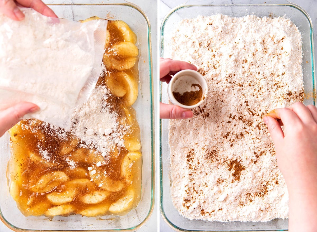 Two photos showing How to Make Apple Dump Cake - Someone sprinkling cake mix and apple pie seasoning over apple pie filling.