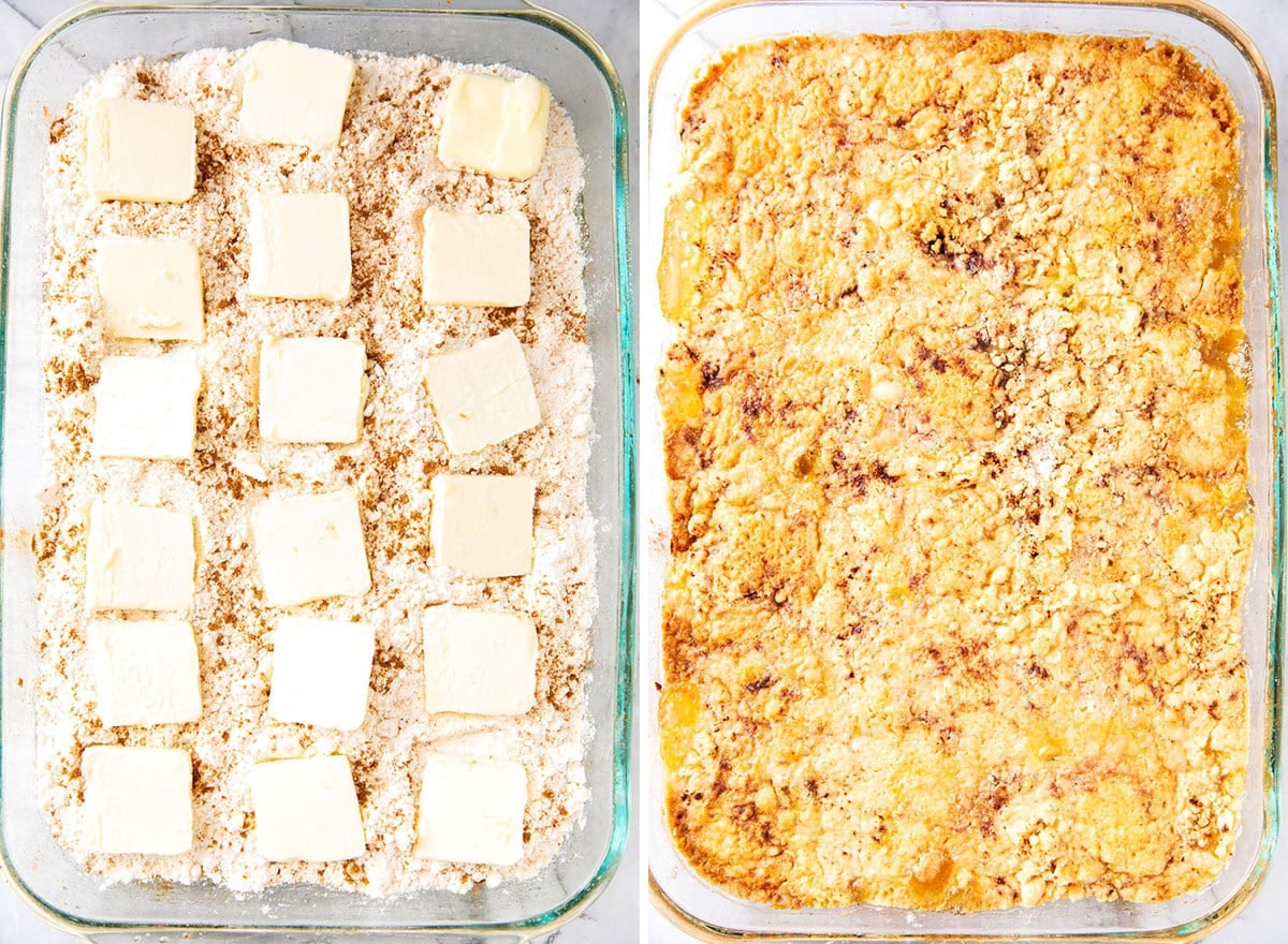 Two photos showing how to make this cinnamon and spice baked treat - sliced butter sits neatly atop cake mix and fully baked apple dump cake.