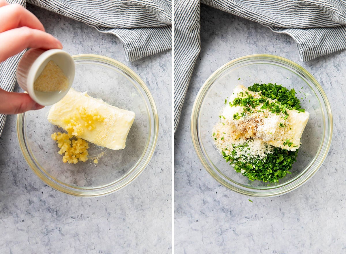 Two photos showing How to Make Garlic Butter - adding butter, garlic and seasonings to a bowl.