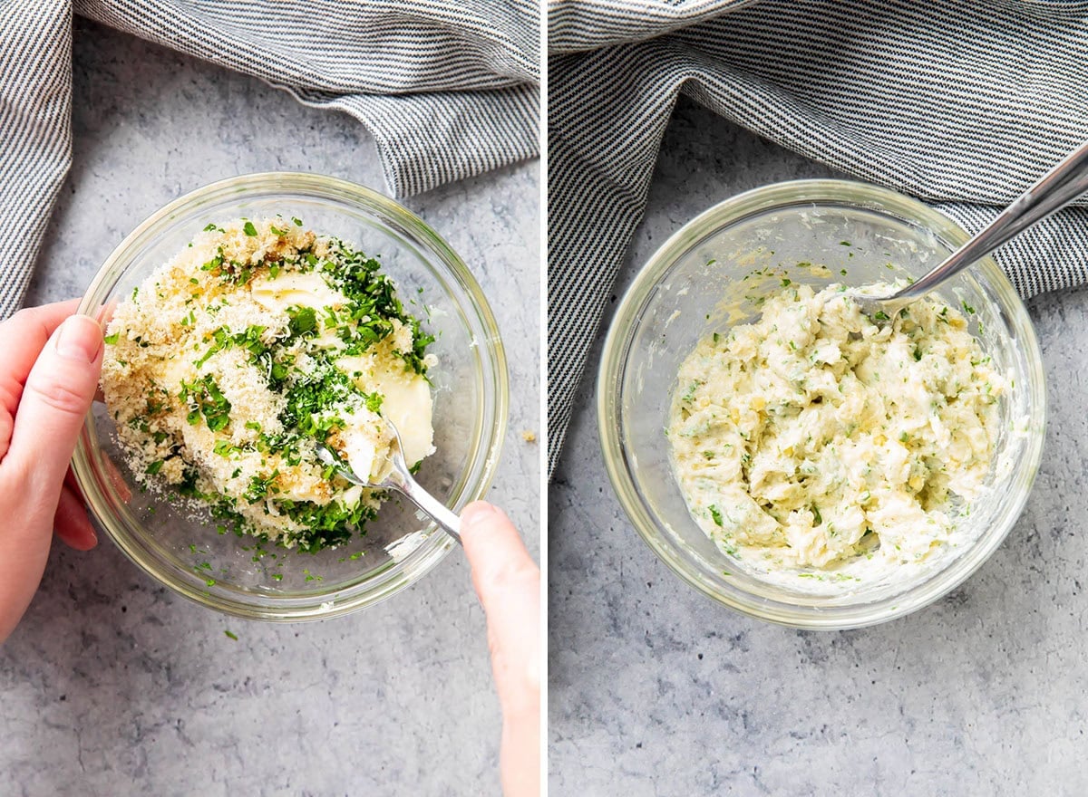 Two photos showing how to make this homemade condiment for filet mignon - someone stirring together the ingredients to make this homemade spread.