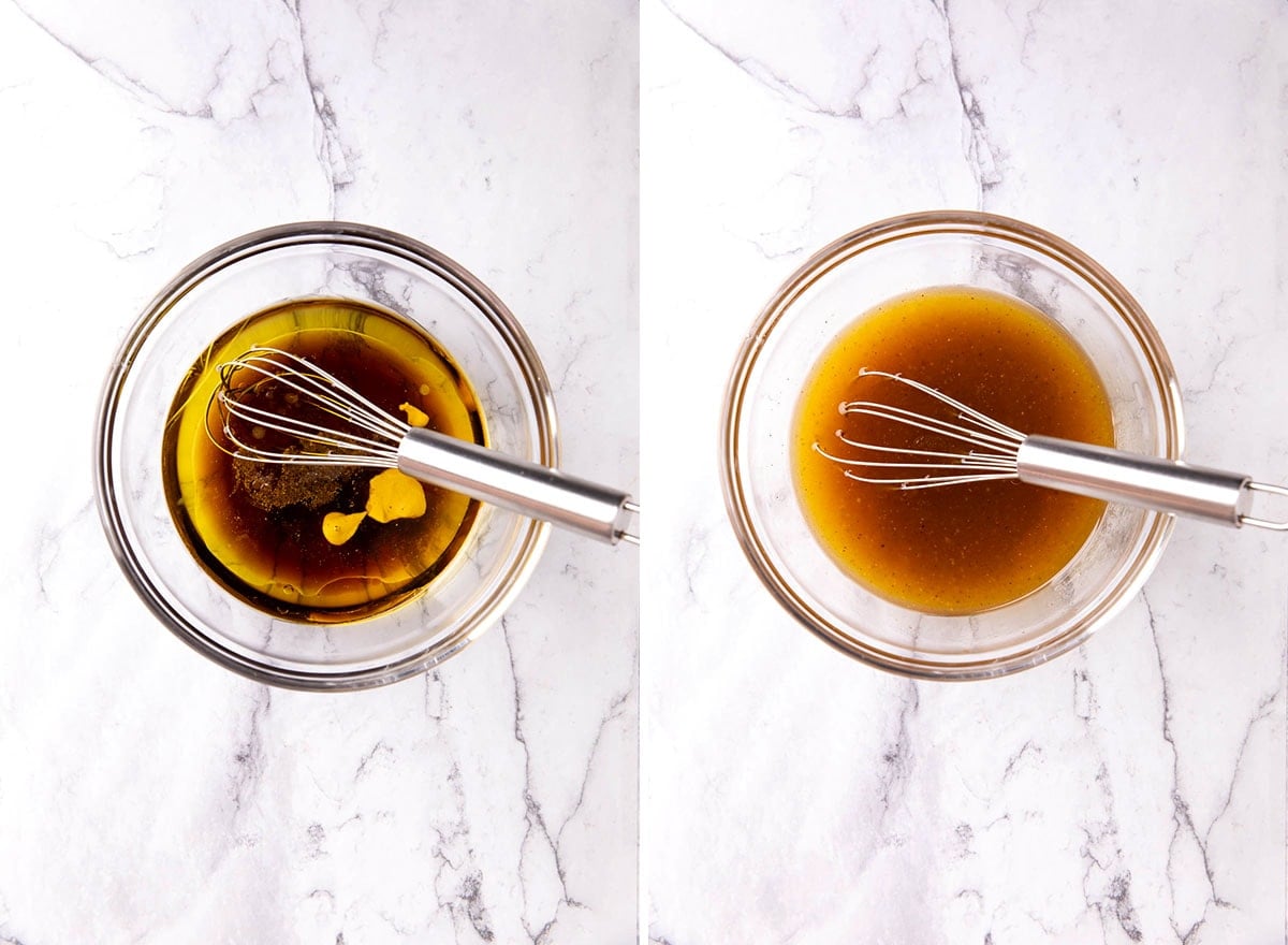 Two photos showing How to Make Maple Vinaigrette Dressing - adding all ingredients to small bowl and whisking together until emulsified.