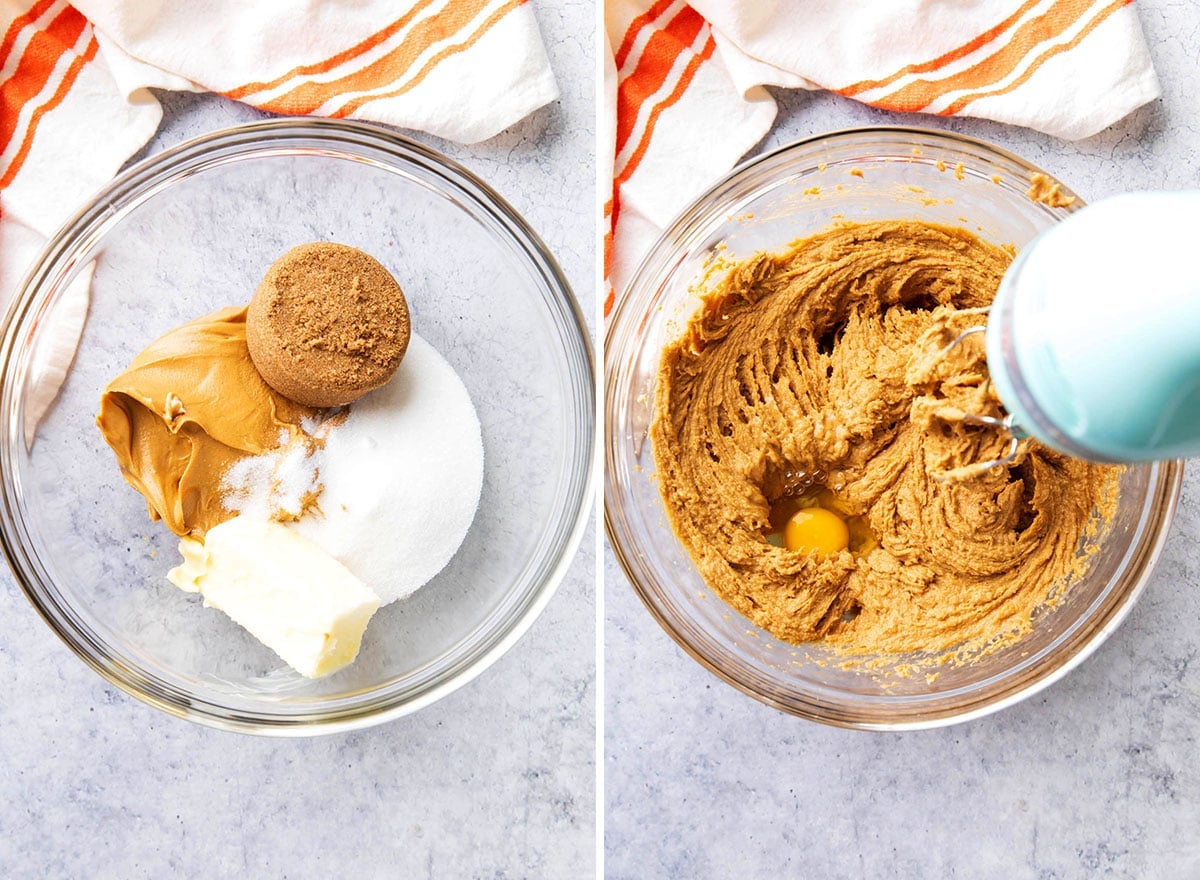 Two photos showing How to Make Monster Cookie Bars - using a hand mixer to beat peanut butter, butter, and brown sugar until creamed, then beating in eggs.