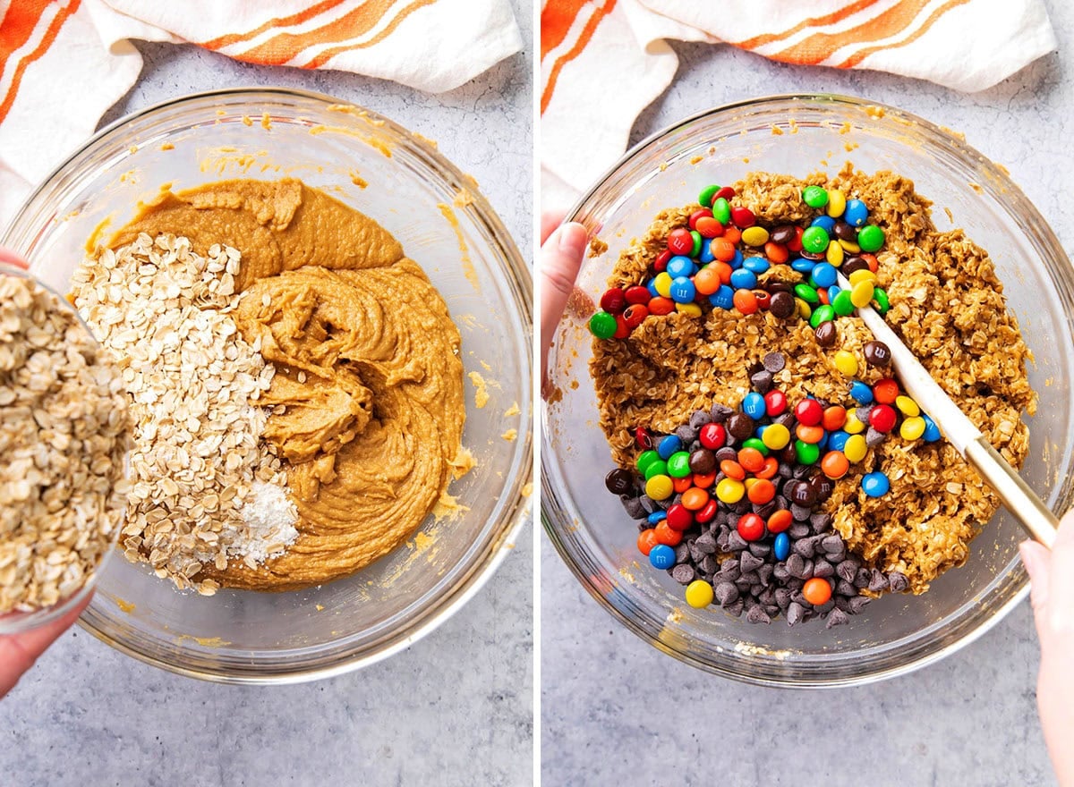 Two photos showing How to Make Monster Cookie Bars - stirring in oats, flour, baking soda, and salt to make the dough, then folding in chocolate chips and M&M's candies.