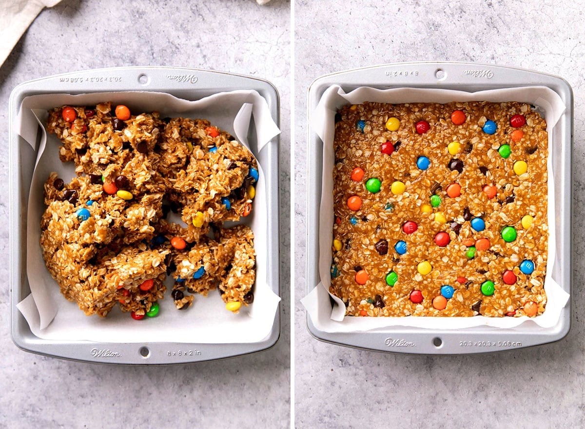 Two photos showing How to Make this baked treat - dough is transferred into a lined baking pan and smoothed into an even layer.