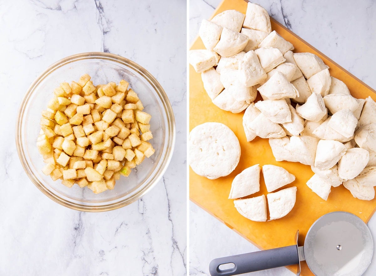 Two photos showing How to Make Apple Monkey Bread - cinnamon sugar apples in a bowl and biscuits sliced into quarters.