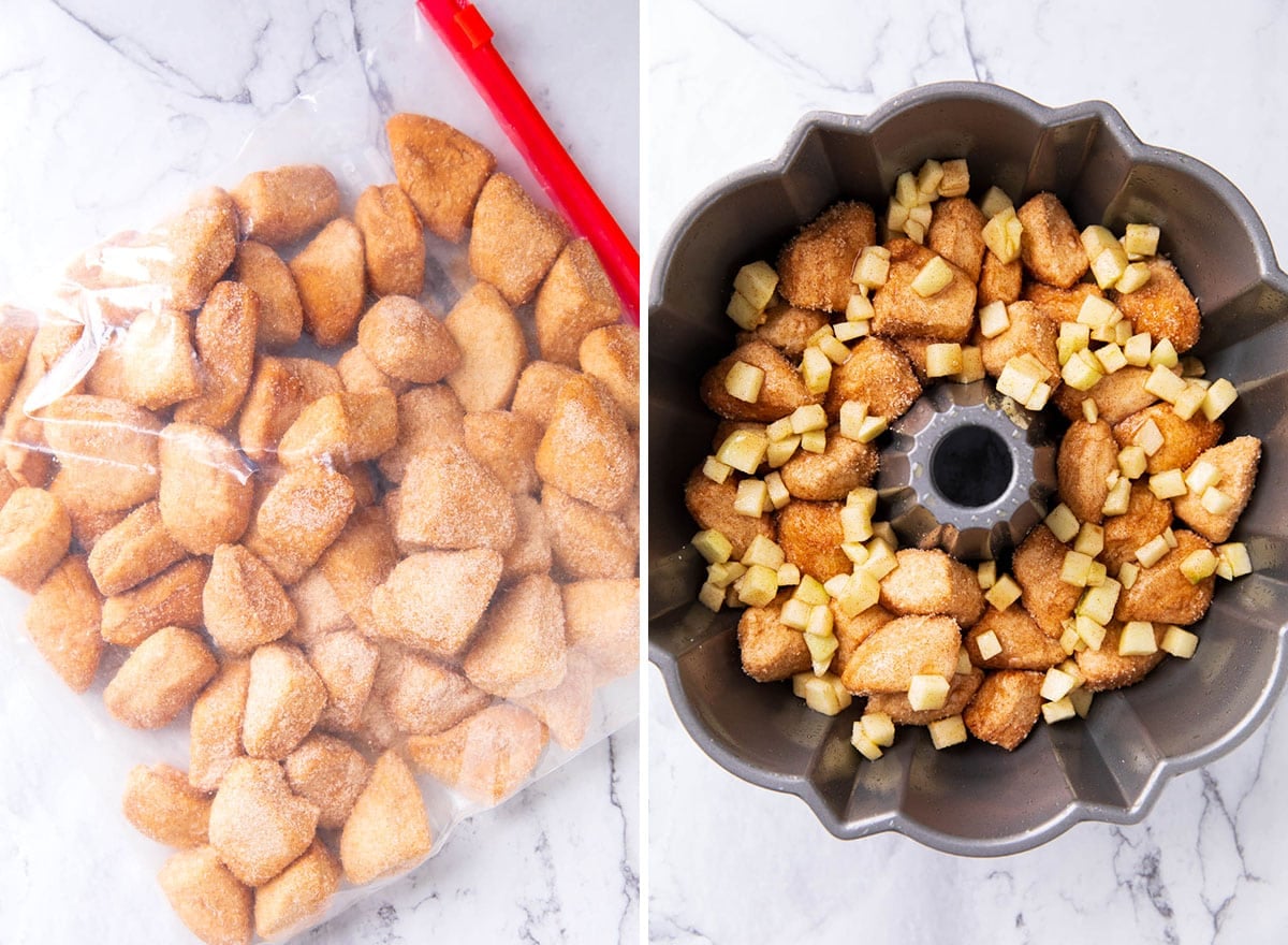 Two photos showing How to Make Apple Monkey Bread - biscuits tossed in cinnamon sugar in a zip bag and layered with apples in a bundt pan.