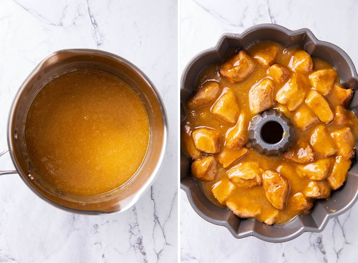 Two photos showing How to Make Apple Monkey Bread - cooking the glaze in a saucepan and poured over layers of biscuits and apples in bundt pan.