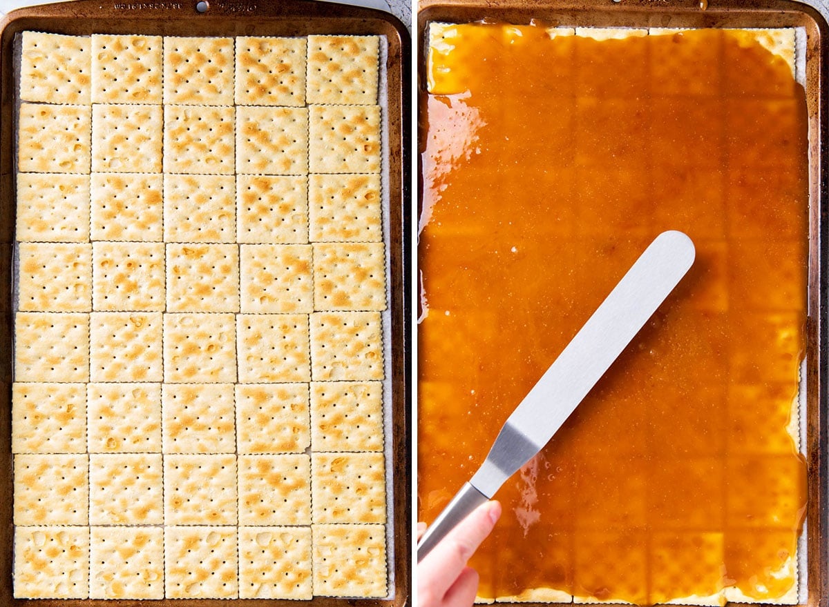 Two photos showing How to Make Halloween Crack - a neat layer of saltine crackers topped with toffee.