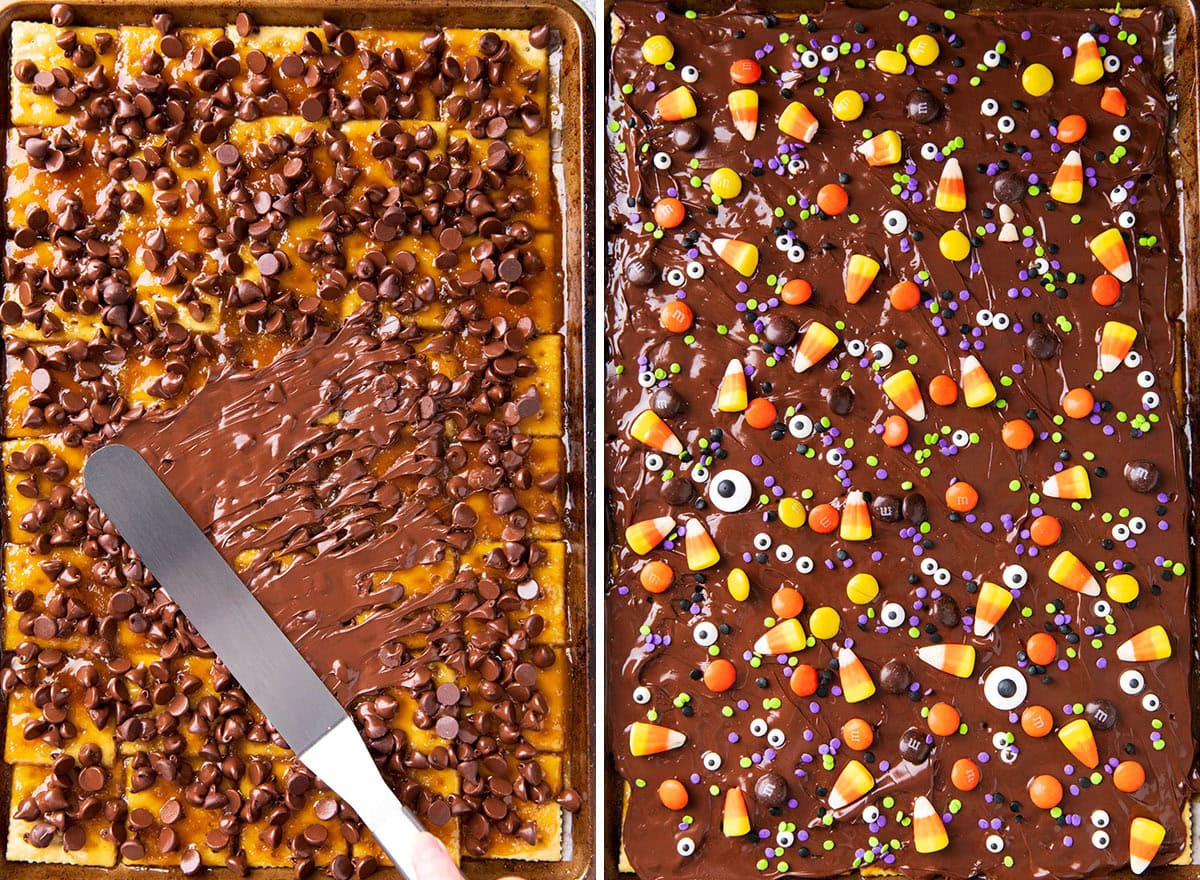 Two photos showing How to Make this candy recipe - spreading melted chocolate chips over toffee and topping with Halloween sprinkles, candy corn, and M&M's candies.