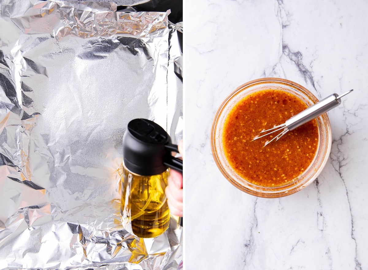 Two photos showing How to Make Honey Mustard Salmon - creating a foil packet for baking the salmon and whisking marinade ingredients in a small bowl.