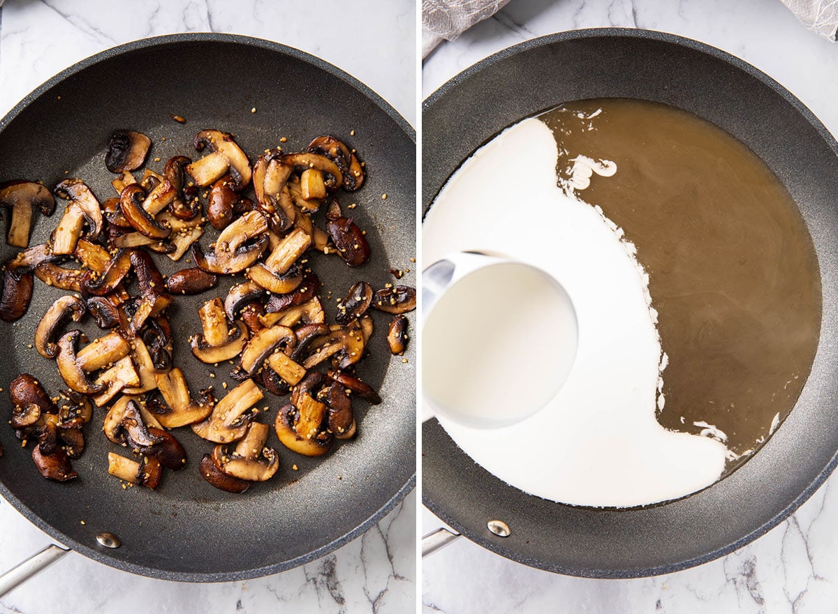 Two photos showing How to Make this creamy homemade sauce recipe - sautéing mushrooms in pan and adding white wine, chicken broth and heavy cream to make sauce base.