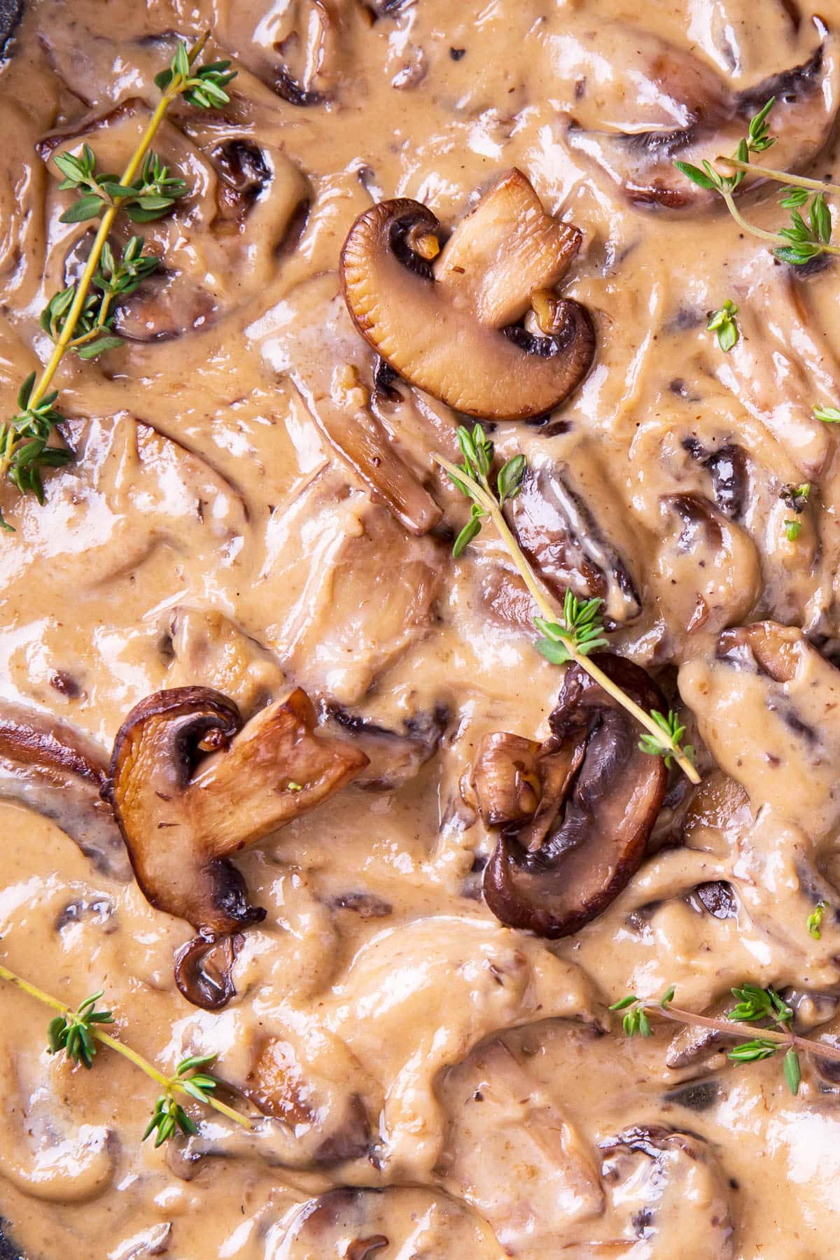Close up of sauce for pasta recipe shows bountiful juicy mushrooms enrobed in white wine and heavy cream-based sauce.