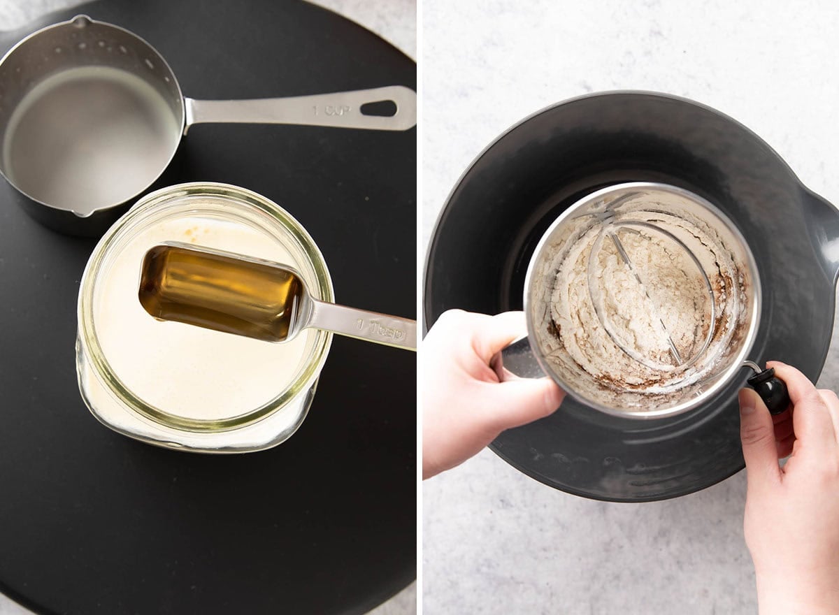 Two photos showing How to Make Pumpkin Pancakes - making homemade buttermilk and sifting dry ingredients into a bowl.