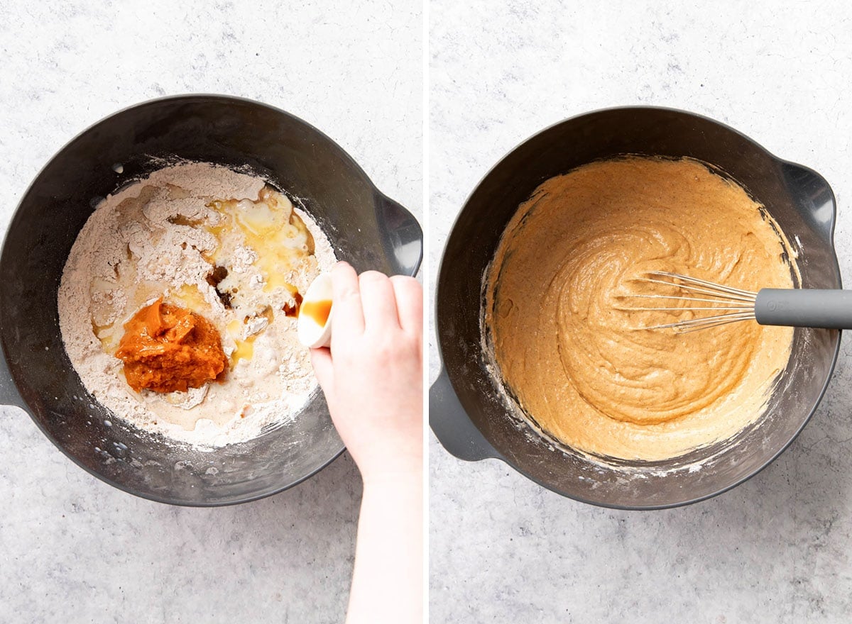 Two photos showing How to Make Pumpkin Pancakes - adding wet ingredients to dry ingredients and whisking to form a pancake batter.