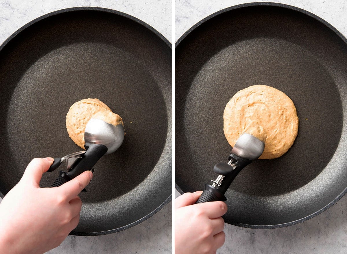 Two photos showing How to Make Pumpkin Pancakes - scooping pancake batter onto a hot skillet and smoothing into an even circle with the scoop.