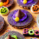 Witch Hat Cookies are overturned fudge-striped cookies topped with frosting and a Hershey's kiss and Halloween sprinkles and sugar