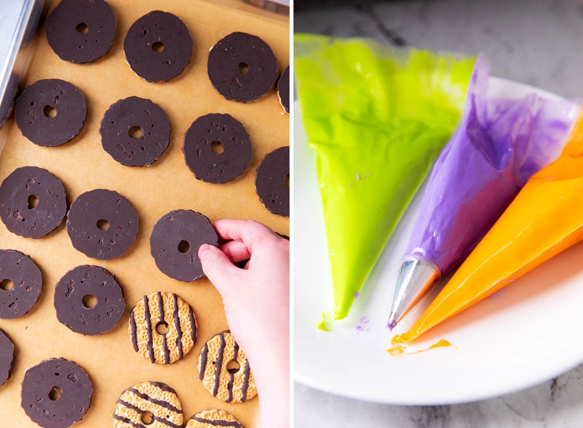 Two photos showing How to Make Witch Hat Cookies - laying cookies upside down on a sheet and preparing Halloween-colored frostings to make the hat bands.