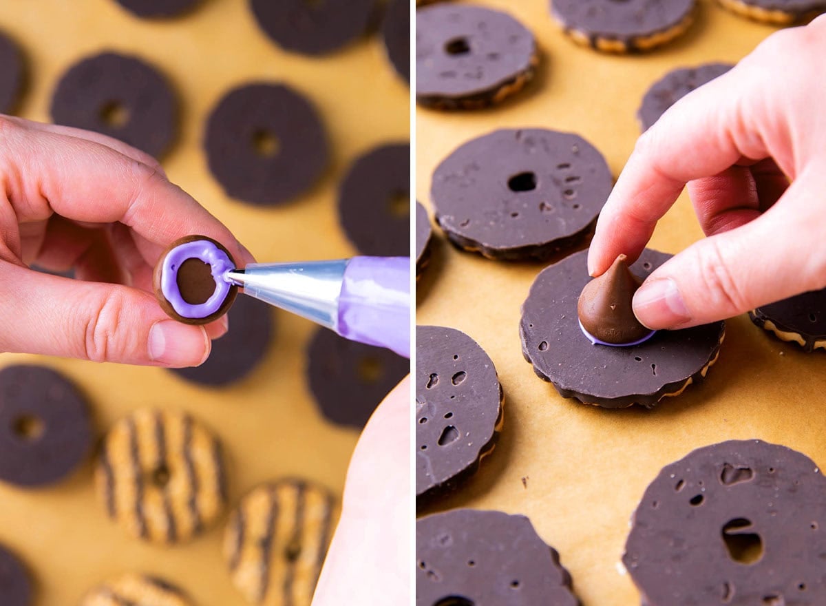Two photos showing How to Make Witch Hat Cookies - piping frosting onto the bottom of a Kiss and placing into the center of a cookie to create the top of the hat.