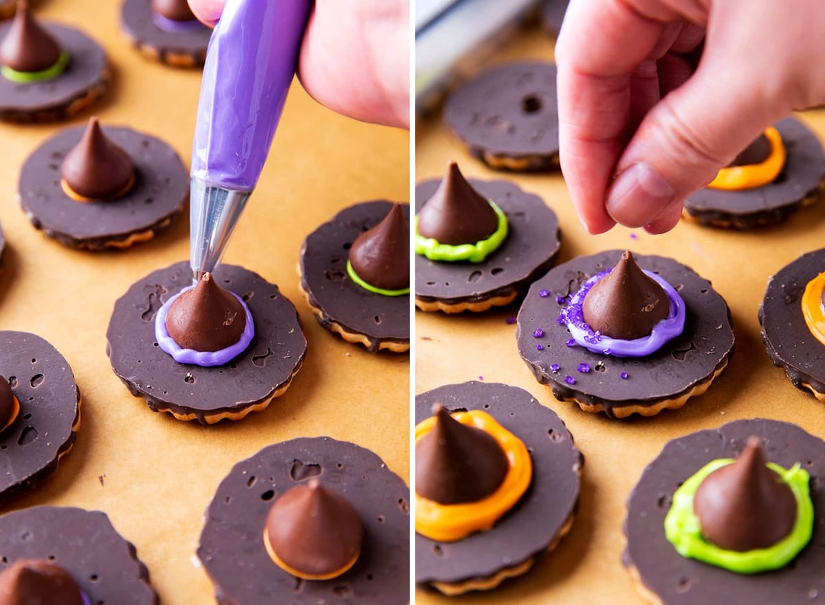 Two photos showing How to Make Halloween cookies with Hershey's kisses - piping purple frosting around the Kiss and sprinkling sugar on it to make a festive, spooky hat band.