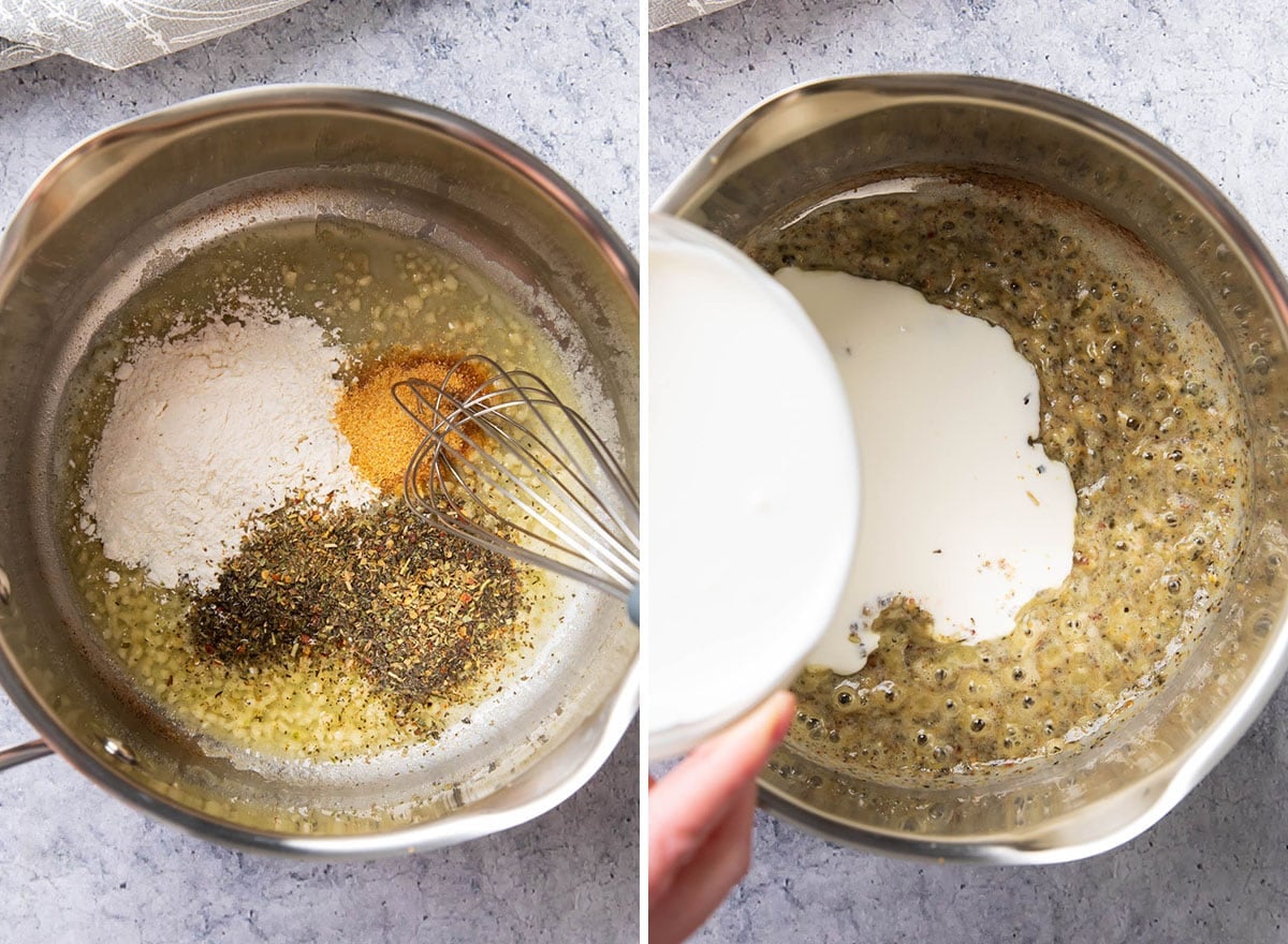 Two photos showing How to Make Parmesan Cream Sauce for Pasta - whisking flour, Italian seasoning, garlic powder and pepper into garlic butter and adding heavy cream and broth.
