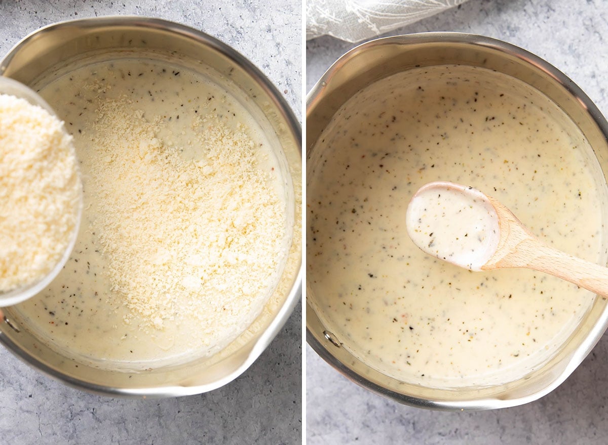 Two photos showing How to Make Parmesan Pasta - stirring in Parmesan cheese to make a creamy garlic Parmesan sauce.