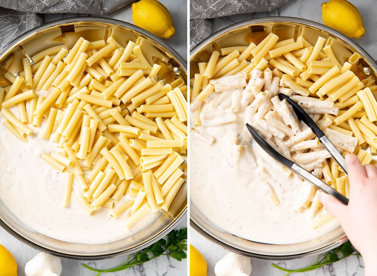 Two photos showing How to Make this Italian dinner recipe - adding cooked noodles to sauce and tossing to coat.
