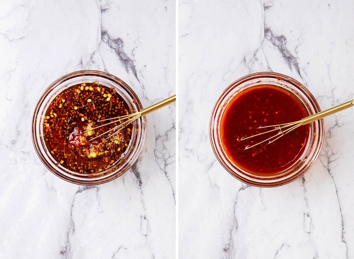 Two photos showing How to Make Gochujang salmon marinade - whisk together gochujang paste, honey, garlic, soy sauce, ginger, sesame oil, and red pepper flakes.