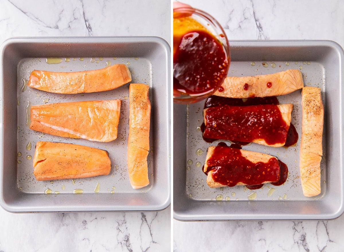 Two photos showing How to Make Gochujang salmon - pouring marinade over salmon fillets in a baking pan.