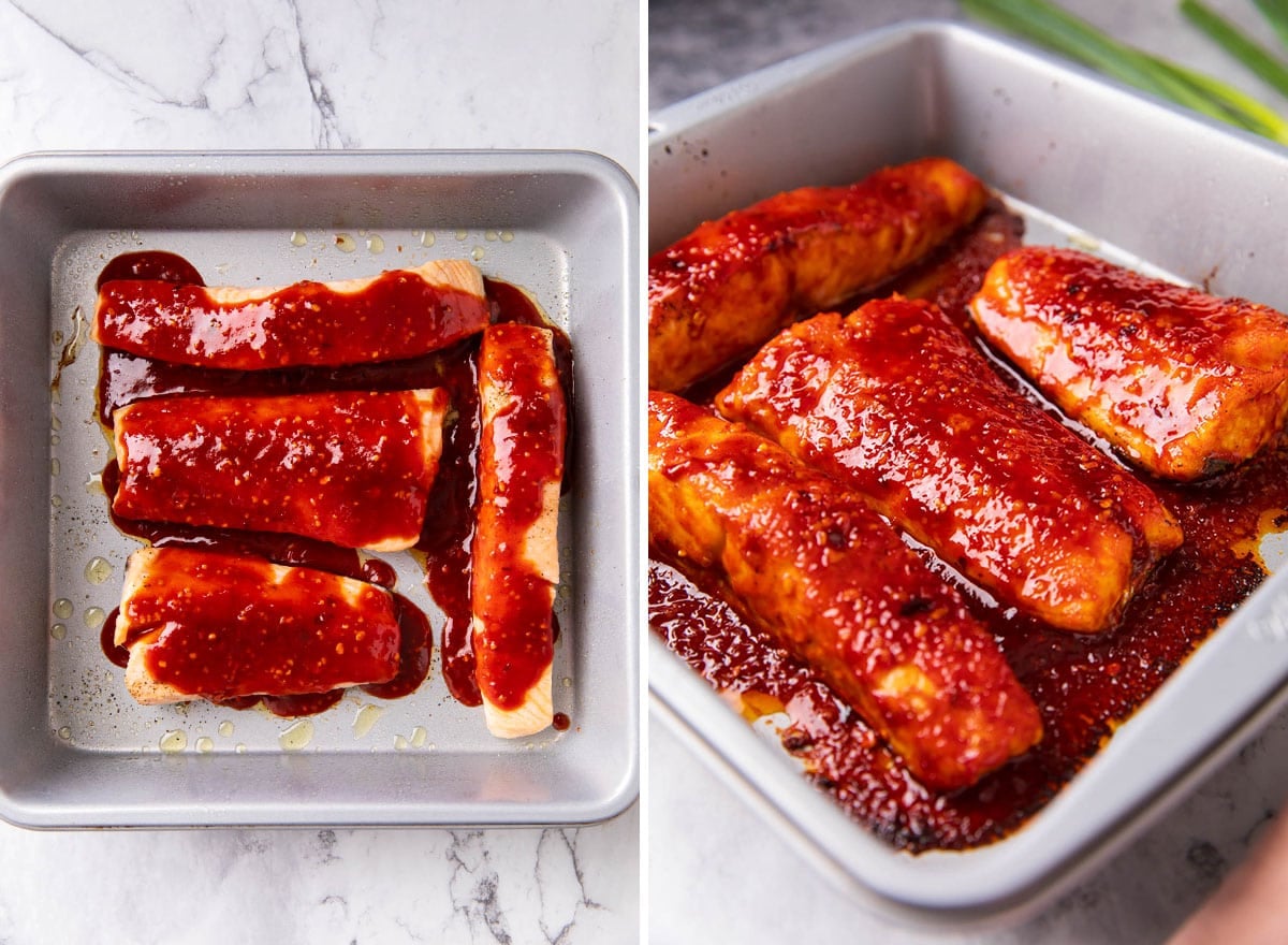 Two photos showing How to Make this Korean fish recipe - pouring glaze over fillets, then broiling for a glazed top.