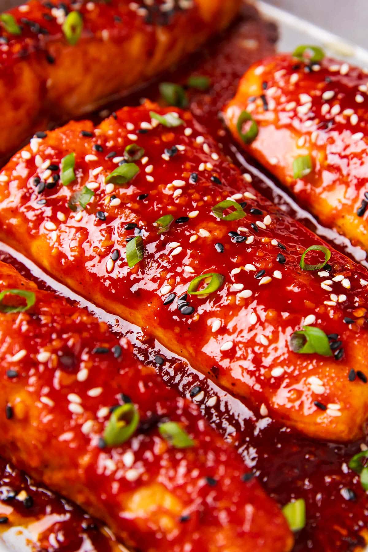 Close up of this Korean fish dinner to show honey glaze marinade and tender, flaky fish.